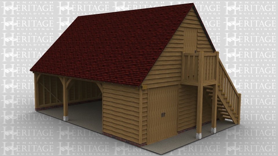 A 3 bay oak frame building with upper floor. The lower floor has 2 bays left open at the front while the right hand bay has a pair of garage doors on the right and is boarded at the front and open at the rear. The building has oak weatherboard all around and on the right hand wall is an oak external staircase leading to the first floor. On the first floor there is an oak solid single door in the right gable while in the left hand end is a 2 light window. The rear of the building has 2 smaller rooflights and one large one in the centre to allow plenty of natural light into the frame.