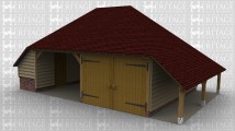 A 2 bay oak framed garage with an internal aisle on both the left and rear of the building and an external aisle on the right. there is a solid single door between the left aisle and the main frame. There is a partition between the two bays, the left bay is open at the front while the right hand bay is enclosed with a pair of iroko garage doors .
