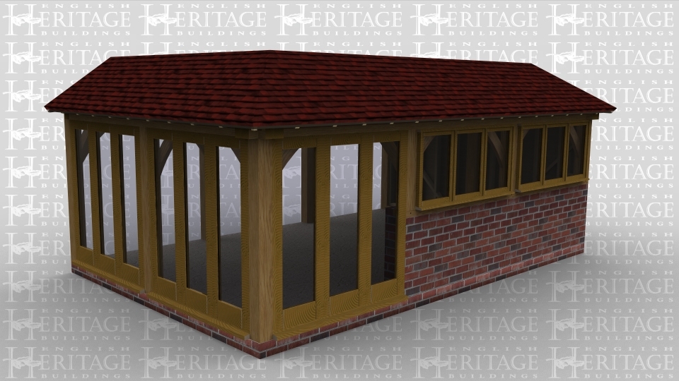 A 3 bay oak framed leisure building with the rear left open to allow it to attach to an existing building, the left wall is made up entirely of full height glazing as well as there being 3 more panes at the front to allow plenty of natural light into the frame. There is also 2 windows at the fron each with 3 panes sitting on a brick wall.