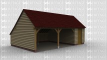 A 3 bay oak framed garage with 2 bays left open at the front while the third is enclosed with a solid single door at the front and a window with 4 panes on the right to allow plenty of natural light into the building. This frame has a gable roof either end and an internal aisle at the rear.