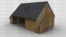 A 3 bay oak framed garage with an upper floor accessed via the external stair case. On the ground floor there is an external aisle to the left while at the front there are 2 bays open at the front and the third bay is enclosed with a pair of iroko garage doors. On the first floor there is a solid single door on the right and on the left is a glazed gable made up of 6 panes to allow plenty of natural light in. At the rear of the building are 2 rooflights as well as there being one at the front.