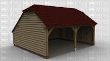 A 2 bay oak framed garage with a barn hip roof on the left and right, there is an internal aisle at the rear and both bays are open at the front.