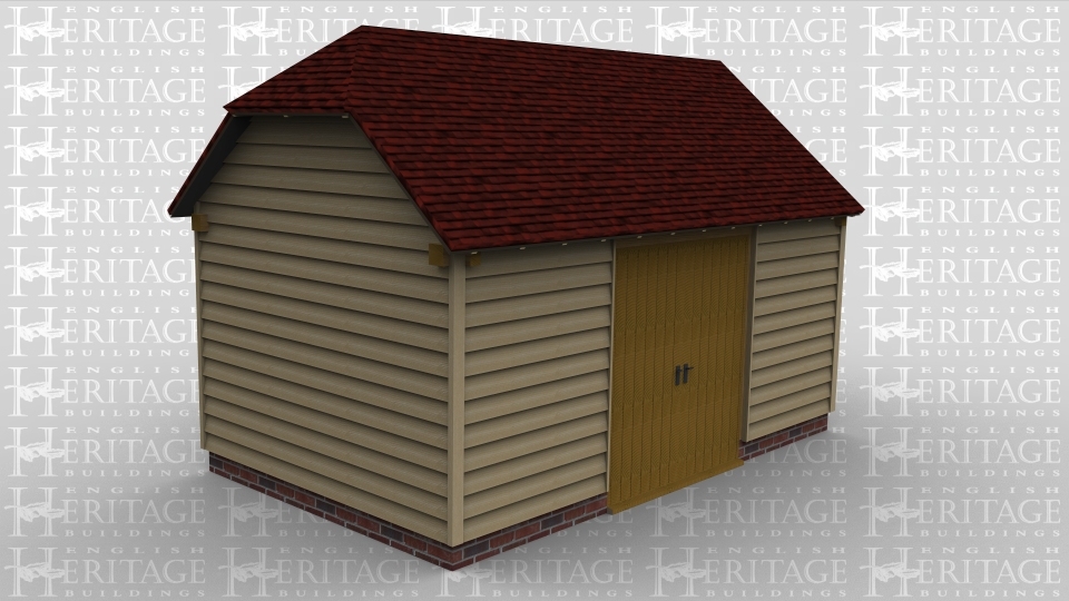 A 3 bay oak frame building with a barn hip roof on the left and a gable roof on the right with a pair of iroko garage doors at the front.