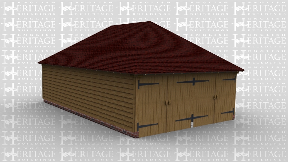 A 3 bay oak framed garage with oak weatherboarding all the way round, there are 2 pairs of oak garage doors on the left while there is a large 2 light window at the front to allow plenty of natural light into the building.