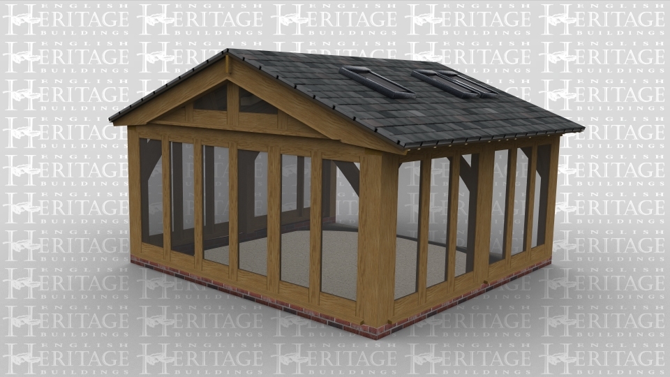 A 2 bay oak framed garden room with oak glazing all along the left rear and front wall to allow plenty of natural lighting as well as the glazed gable end and the 6 rooflights above while the right side is left open to allow it to attach to an existing building