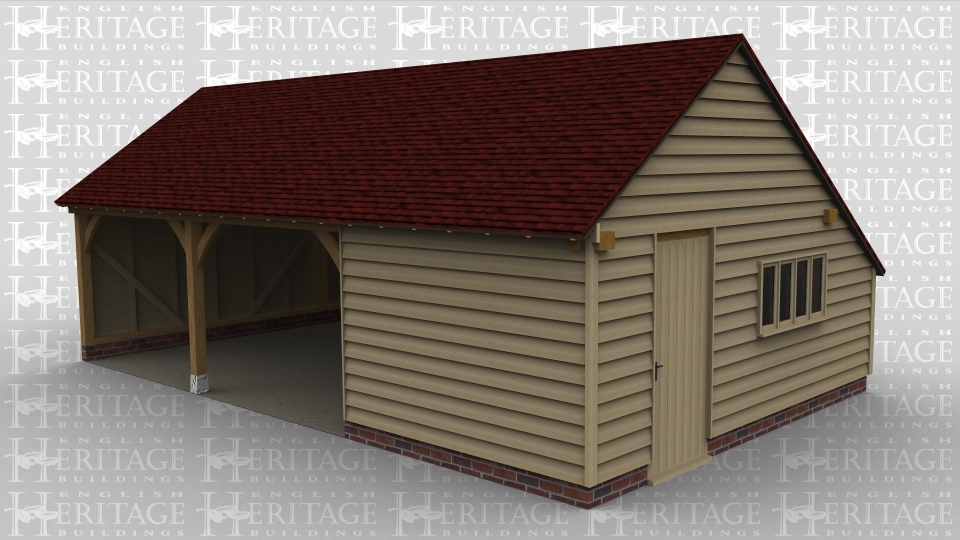 A 3 bay oak framed garage with 2 of the bays left open at the front with the third bay enclosed with a solid single door on the right  and a 4 light window, this building has a gable roof on the left and right with an internal aisle at the rear.