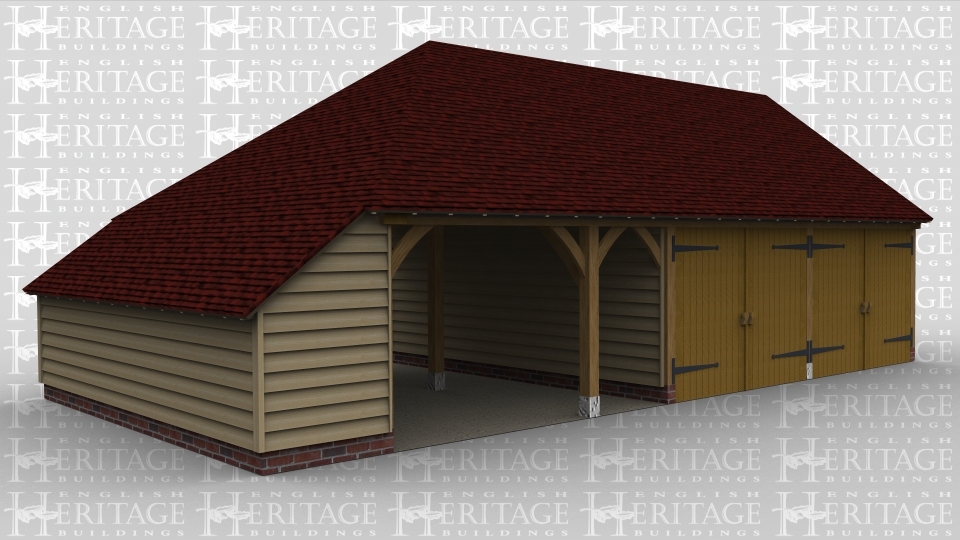 A 3 bay oak framed garage with an internal aisle on the left hand side, the left hand bay is open at the front as well as an open walkway at the rear. The second and third bays are enclosed at the front with a pair of iroko garage doors while at the rear is a mullion window and a solid single door.