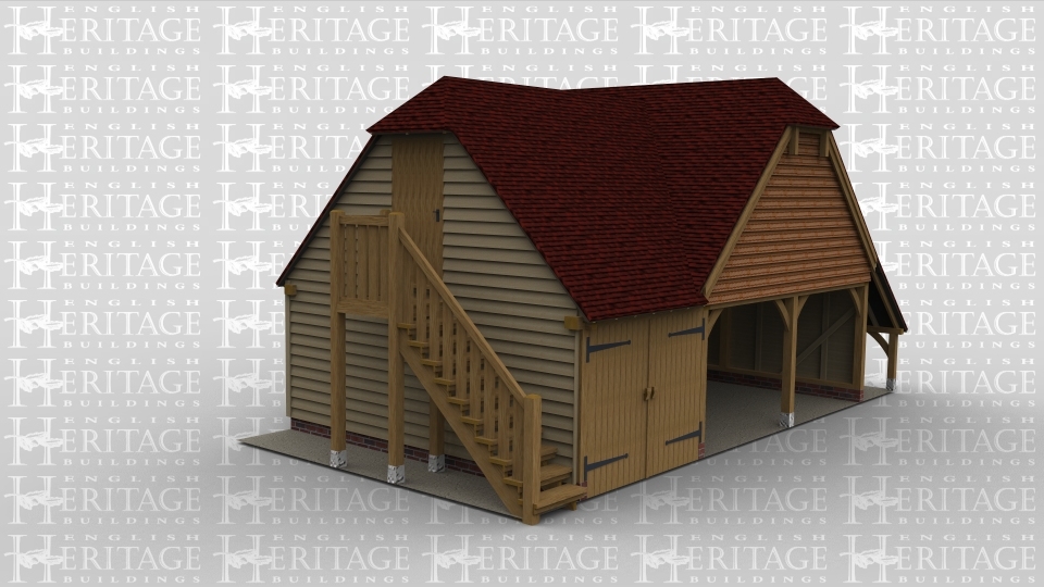 A 6 bay oak framed garage made up of 2 frames. The first frame is 2 bays in size with 1 bay on the ground floor  and another on the first floor.  On the ground floor there is a pair of iroko garage doors at the front while on the left is an external oak staircase leading to the first floor. On the first floor is a solid single door on the left and at the rear is a Velux rooflight to allow plenty of natural light in. The second frame accounts for the other 4 bays, 2 on the ground floor and 2 on the first floor. On the ground floor the bays are open at the front with an external aisle on the right. On the first floor there is a velux rooflight that allows to light into the first floor of the frame.