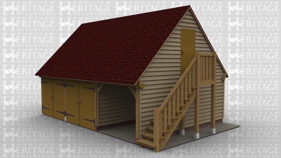 A 6 bay oak framed garage with 3 bays on the ground floor and 3 bays on the first floor. The ground floor has 2 bays enclosed at the front with a pair of iroko garage doors each while the third bay is open at the front, on the right hand side is an external oak staircase leading to the first floor. On the first floor is a solid single door on the right while at the rear are 3 rooflights to allow plenty of natural light into the building.