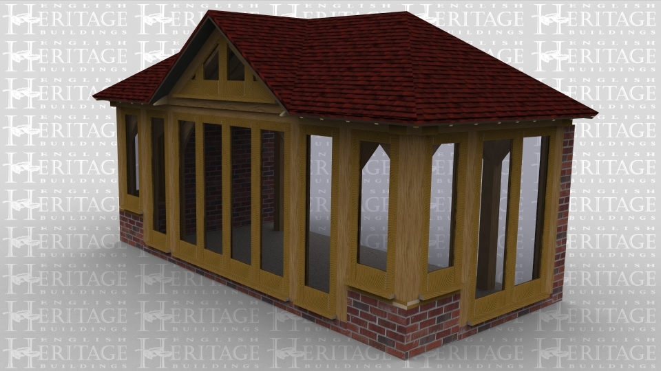 A 3 bay oak framed garden room extension with a sinlge pane of garden room glazing on the left wall and on the right is both a single pane and a pair of full height patio doors. At the front of the building there is a 4 pane section of full height glazing  with a further pane either side and another smaller pane at the ends, the walls are solid brick and the rear of the building is left open.