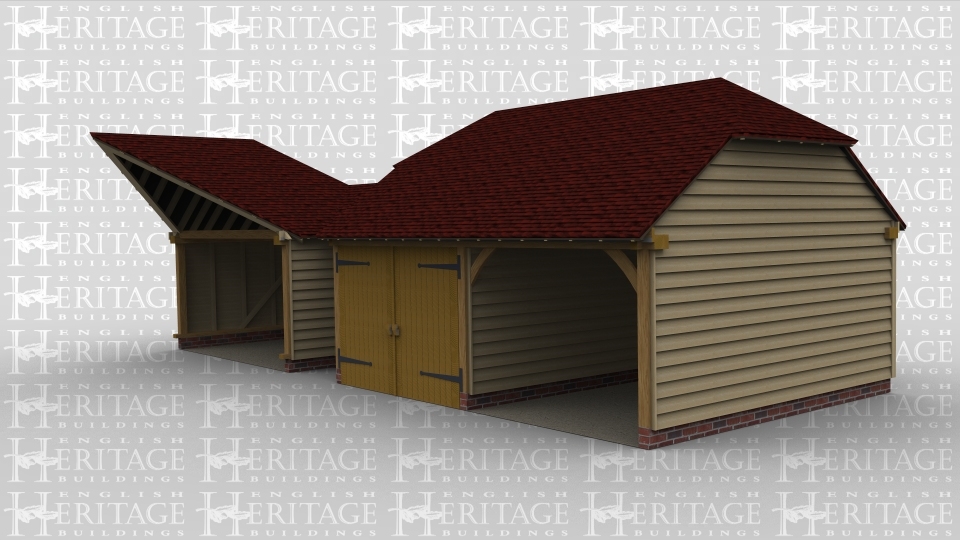 A 4 bay oak framed extension made up of 3 frames. The first frame is a single bay that is attatched to an existing building on the left with a full hip roof on the right. The second frame is a sigle bay link between the other 2 frames with a solid single door at the front. The final frame is a 2 bay garage with a barn hip roof at both ends, the left hand bay is enclosed at the front with a pair of iroko garage doors while the right bay is left open at the front.