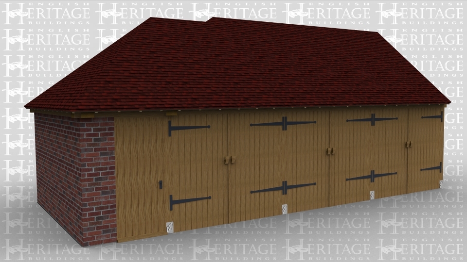 A 4 bay oak frame building made up of 2 frames. The first frame is a single bay in size  and has an oak solid single door at the front with solid brick walls on the left and rear. The second frame is 3 bays in size with each bay enclosed at the front with a pair of oak garage doors. The rear of this frame has an internal aisle while the right wall is left open.