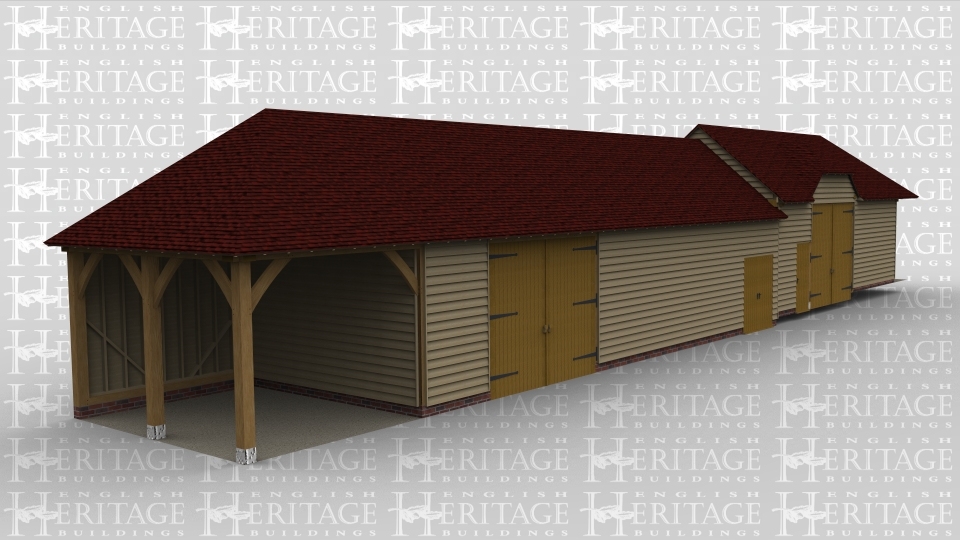 A 10 bay complex with the left hand bay open at the front and left hand side. At the front of this building are 2 pairs of iroko barn doors as well as a solid single door and a pair of doors while the right weall is left open. There is 1 rooflight on the right and 8 at the rear to allow the natural light into the building.