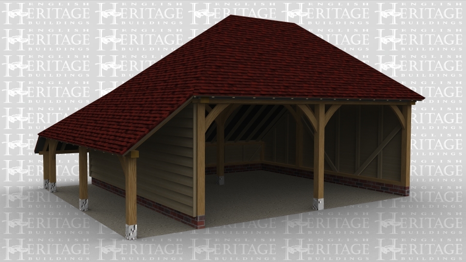 A 2 bay oak framed garage with both bays open at the front and an internal aisle at the rear as well as an external aisle on the left.