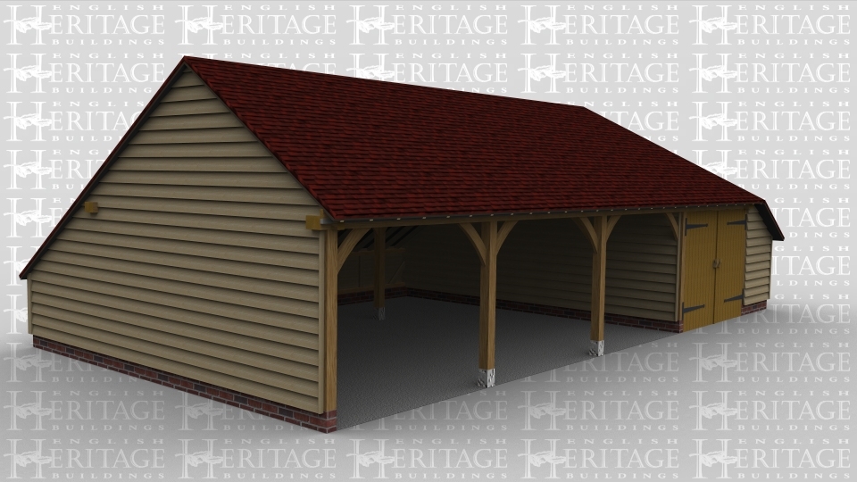 A 4 bay oak frame garage with 3 bays left open at the front while the fouth has a pair of iroko garage doors at the front with an internal aisle at the rear and right hand side..