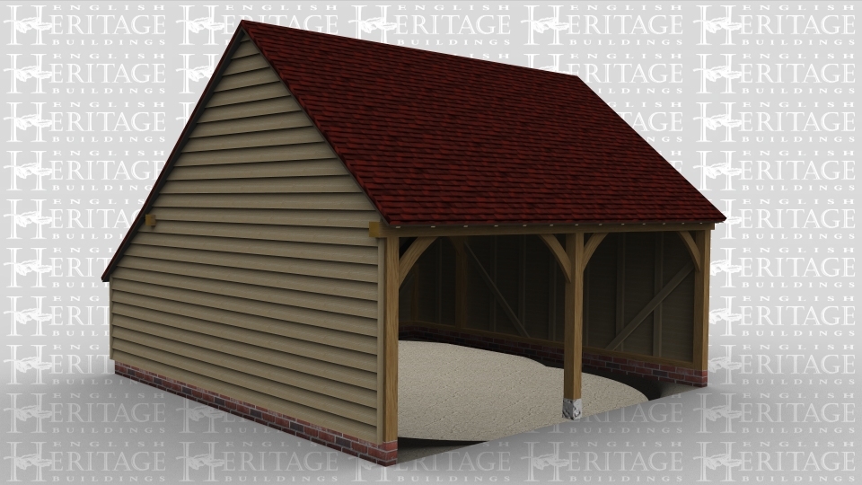 A 2 bay oak framed garage with both bays open at the front and an internal aisle at the rear.