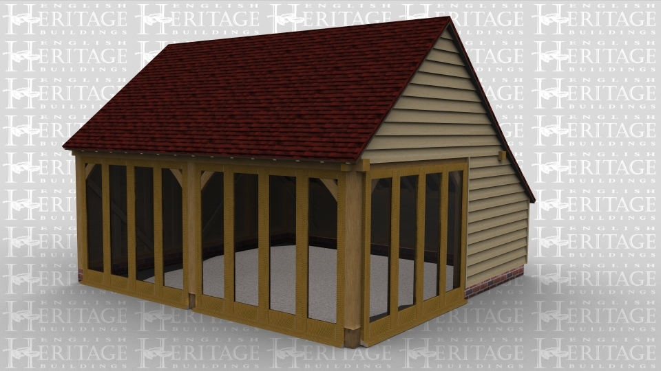 A 2 bay oak framed leisure building with full height glazing across the front and right side while there is an internal aisle at the rear.