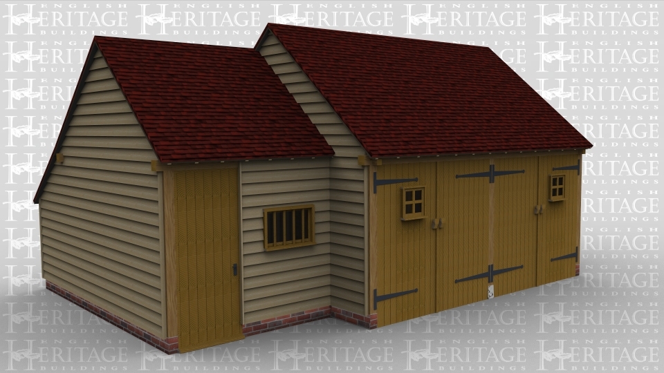 A 3 bay oak framed building made up of 2 frames . The first frame is a single bay in size with  a solid single door and a mullion window at the front with an internal aisle at the rear. The second frame is 2 bays in size with 2 pairs of garage doors at the front each with a small square window in.