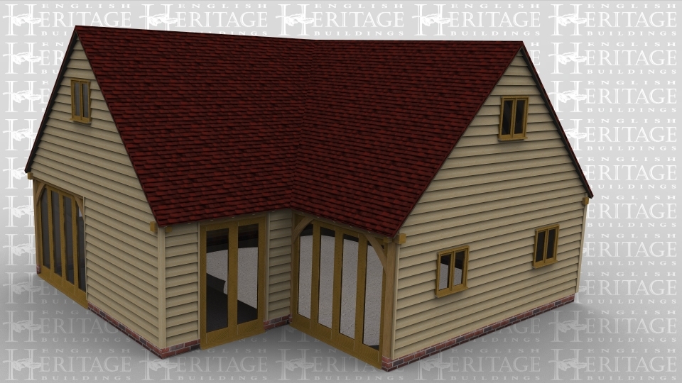 An 8 bay oak frame building made up of 2 frames. The first frame is 2 bays in size with 1 bay on the ground floor and the second bay on the first floor. On the ground floor there are 2 panes of full height glazing at the front whil on the left is 4 panes of full height glazing and a 2 light window at the rear to allow plenty of natural light into the frame. On the first floor there is a 2 light window in the gable end. The second frame is 6 bays in size with 3 bays on the ground floor and a further 3 bays on the first floor. On the ground floor there is a section of full height glazing to allow plenty of natural light into the frame. On the right hand side are two 2light windows while at the rear is a solid single door and a quare window, the left of the building has another 2 light window. On the first floor there are 2 light windows at the rear left and the right hand side.