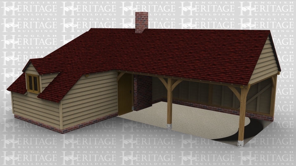 A 4 bay oak framed building made up of 2 frames. The first frame is a single bay with  a pair of iroko doors at the rear with an internal aisle on the left, there is also a dormer on the left with a 2 light window in it. The second frame is 3 bays in size with 2 of the bays left open at the front and right hand side with a chimney on the left as well as a solid single door between the left and centre bay.