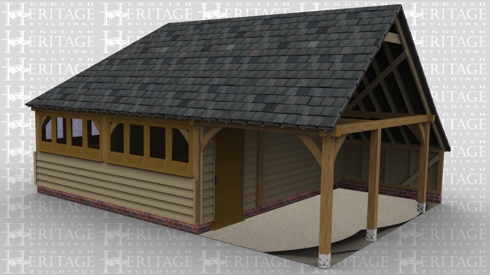 A 3 bay oak framed building with an internal aisle at the rear, the building has a full hip roof on the left and on the right is an open gable end. The first 2 bays are enclosed while the third is open at the front and on the left with glazing along the the front and left walls to allow the natural light into the building. There is also a solid single door on the righthand side.
