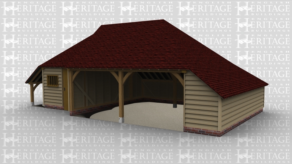 A 3 bay oak framed garage made up of 2 frames. The first frame is a single bay in size with an external aisle on the left and the rear while at the front there is a solid single door and a mullion window. The second frame is a 2 bay garage with both bays open at the front and an internal aisle on the right and at the rear.