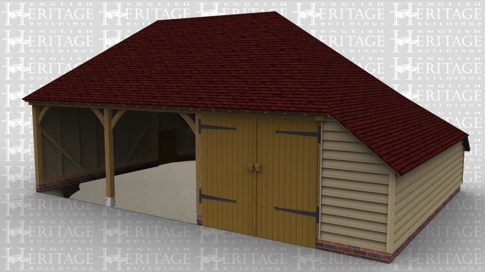 A 3 bay oak framed garage with a small door on the left wall while at the front 2 bays are left open and the other is enclosed within a pair of iroko garage doors. The building has an internal aisle on the right and at the rear.