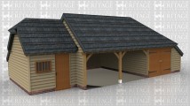 A 4 bay oak frame garage with a thatch roof made up of 2 frames. The first frame is a single bay in size with a solid sinlge door and a mullion window at the front, it also has a barn hip roof on the left and an internal aisle at the rear. The second frame is 3 bays in size with 2 bays left open at the front while the third is enclosed with a pair of iroko garage doors and has an aisle on the right and rear.