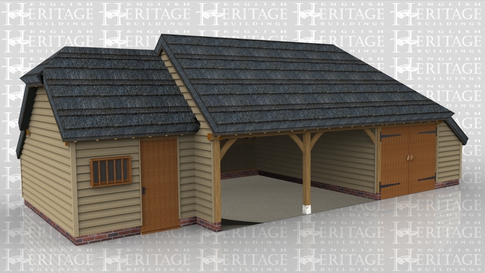 A 4 bay oak frame garage with a thatch roof made up of 2 frames. The first frame is a single bay in size with a solid sinlge door and a mullion window at the front, it also has a barn hip roof on the left and an internal aisle at the rear. The second frame is 3 bays in size with 2 bays left open at the front while the third is enclosed with a pair of iroko garage doors and has an aisle on the right and rear.