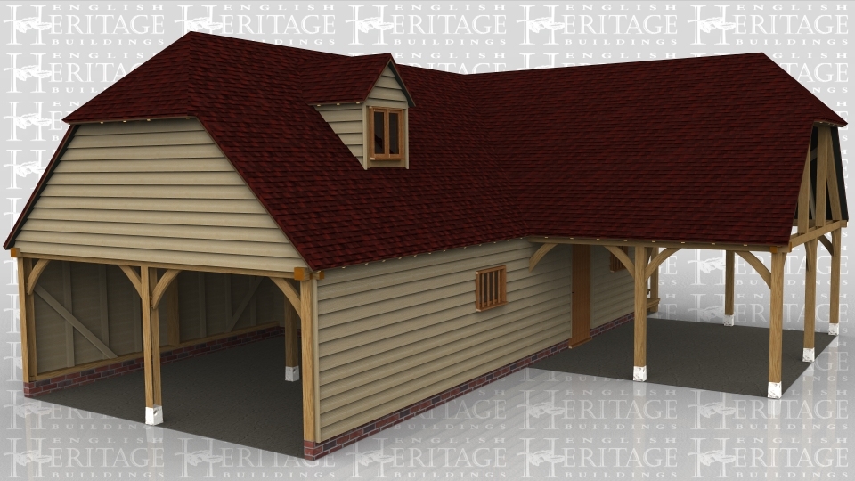 A 10 bay oak framed building made up of 2 frames. The first frame is 2 bays in size and is open on all sides with a barn hip roof on the left and connecting to the other frame on the right. The second frame is 8 bays in size, 4 bays on the ground floor and 4 bays on the first floor. The first floor is open on the left while at the front is a mullion window either side of a solid single door. On the right hand side there is a pair of iroko doors and an external oak staircase leading to the first floor. On the first floor there is a solid single door on the right  while at the front there is a dormer housing a 2 light window to allow the natural light into the first floor of the frame.