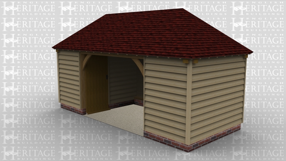 A 3 bay oak framed building with the middle bay left open at the front with an internal partition either side each with a solid single iroko door in to creat to storage areas.