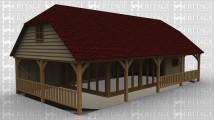 A 4 bay oak framed leisure building with ballustading on the left and  front. The front of the building has a mullion window and a section of full height glazing as well as the right wall being made up entirely of full height glazing to allow plenty of natural light into the building. The building has a barn hip style roof on the left and right and on ther left there is a square window.