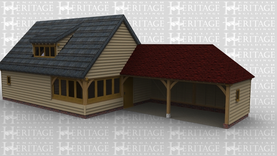 An 8 bay oak framed building made up of 2 frames. The first frame is 6 bays in size with 3 bays on the ground floor and 3 bays on the first floor. The ground floor has 2 pairs of iroko garage doors on the left while at the front there is a 4 pane section of garden room glazing and a single square window, the right hand side of the frame has a further 4 panes of garden room glazing to allow plenty of natural light into the building, there is a also a solid single door linking the 2 frames. On the first floor on the left hand side is a julliet window and at the front is an eyebrow  window made up of 4 panes to allow the light into the the first floor. The second frame is open at the front with a square window on the right wall.