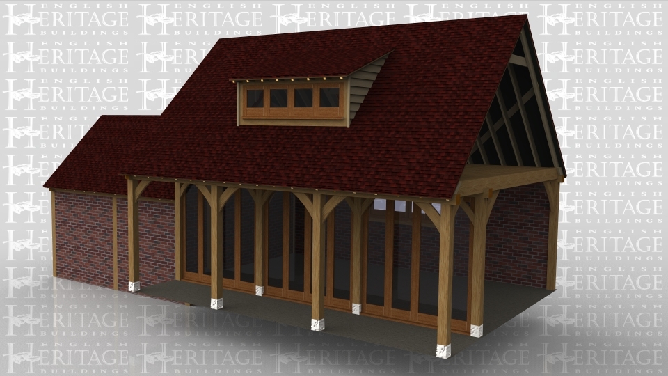 An 8 bay oak framed building made up of 2 frames. The first frame is 2 bays in size with solid brick walls around the entrie frame with an opening on the right to allow access to the other frame. The second frame is 6 bays in size with 3 bays on the ground floor and 3 bays on the first floor. On the ground floor the front wall is set back to create a walkway, on the front wall there is full height glazing along the whole area to allow plenty of natural light into the ground floor area. The right side is left open to allow the frame to attatch to an existing building while at the rear, there is a solid brick wall with 4 panes of garden room windows . On the first floor there is a 4 pane eyebrow window at the front and the rear to allow plenty of natural light into the first floor of the building.