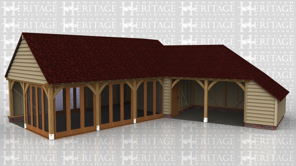 A 7 bay oak framed building made up of 2 frames. The first frame is 3 bays in size and has 4 panes of full height glazing at the rear and another 4 pane section on the left, the front wall is made up entirely of full height glazing to allow plenty of natural light into the building. The second frame is made up of 4 bays with an internal solid single door on the internal partition, this frame has 2 bays open at the front with an internal aisle on the right and at the rear 2 bays have an internal aisle while 1 has an external logstore area.