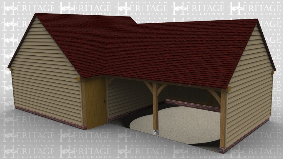 A 4 bay oak frame garage made up of 2 frames. The first frame is 2 bays on size open at the front with a solid single door at the rear. The second frame is also 2 bays in size with both bays open at the front and a gable roof on either end.