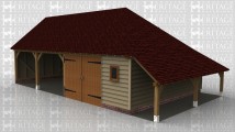 A 4 bay oak frame building with 2 bays left open at the front while one has a pair of iroko garage doors and the other is boarded with a sqaure window. This garage has an external aisle on the right and an internal aisle at the rear, there is also a barn entrance at the rear with a pair of iroko garage doors.