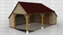 A 2 bay oak framed garage open at the front and left hand side with an internal aisle at the rear and right side. The aisle on the right is enclosed with an internal partition which contains 2 solid single iroko doors. At the rear of the building is a solid single door below a barn entrance.