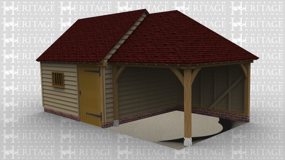 A 3 bay oak framed building made up of 2 frames. The frist frame is 2 bays in size with a mullion window and a solid single dor at the front. The second frame is a single bay in size and is open on the right and at the front.