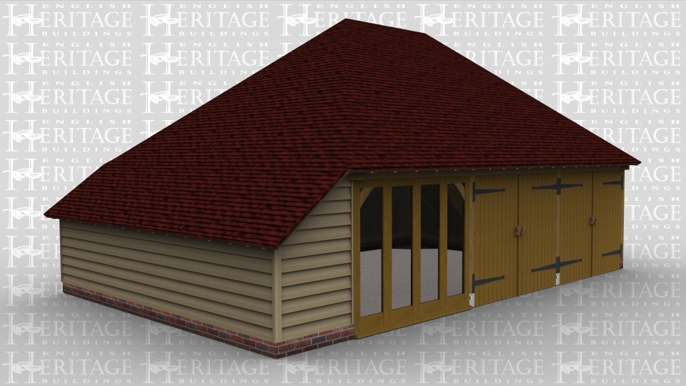 A 3 bay oak framed building with 2 pairs of iroko garage doors at the front as well as a 4 pane section of full height glazing to allow the natural light into the building. The left hand side of the frame has an internal aisle which at the rear has a small door on.