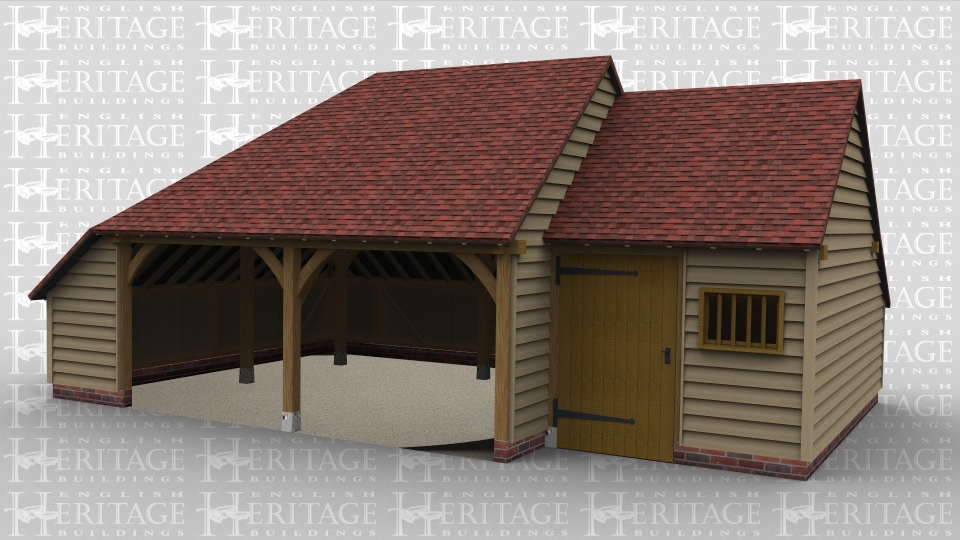 A 3 bay oak framed garage made up of 2 frames. The first frame is 2 bays in size with the front left open with an internal aisle on both the left and rear. The second frame is a single bay in size also with an internal aisle at the rear as well as a solid single dor and a mullion window at the front.