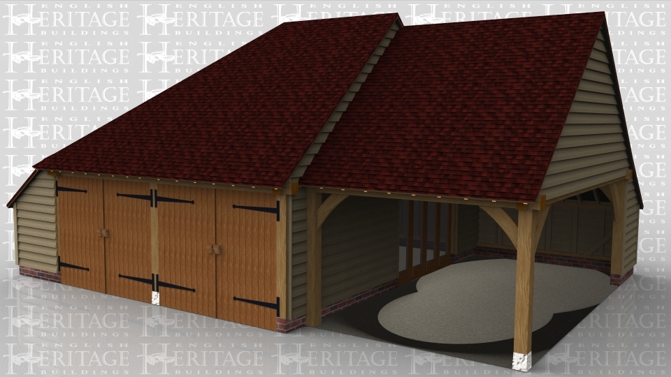 A 3 bay oak framed building made up of 2 frames. The first frame is 2 bays in size with 2 pairs of iroko garage doors at the front and an internal aisle on the left. The right wall that connects to the other frame has a 4 pane section of full height glazing while the rear has another internal aisle. The second frame is a single bay in size with  the front and right side left open with an internal aisle at the rear.