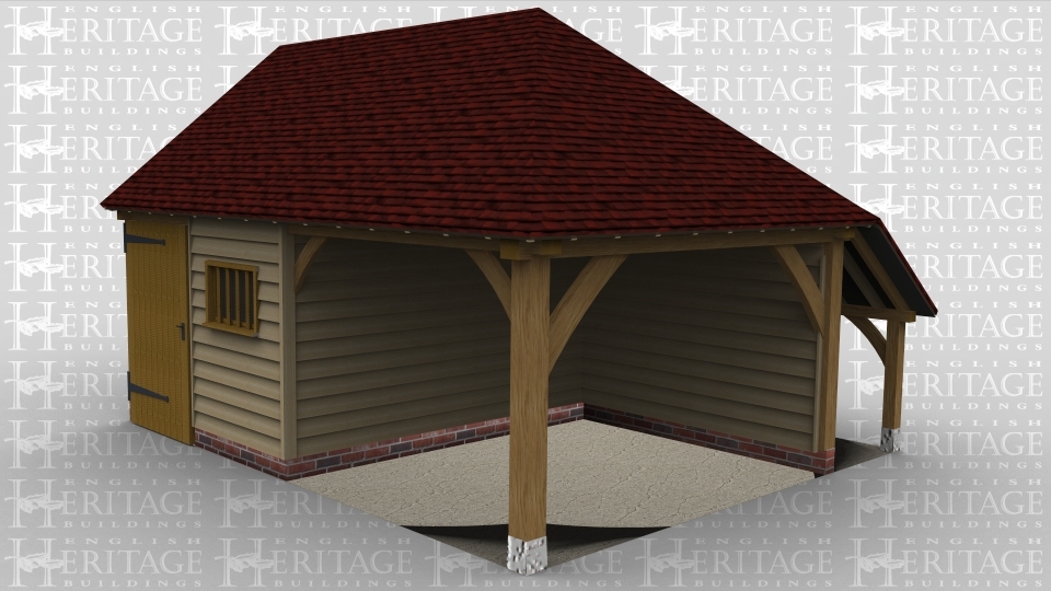 A 2 bay oak framed leisure building with the left hand bay boarded with a solid single door and a mullion window at the front while the oter bay is left open and the front and right side. At the rear of the building is an aisle with half internal and half external.