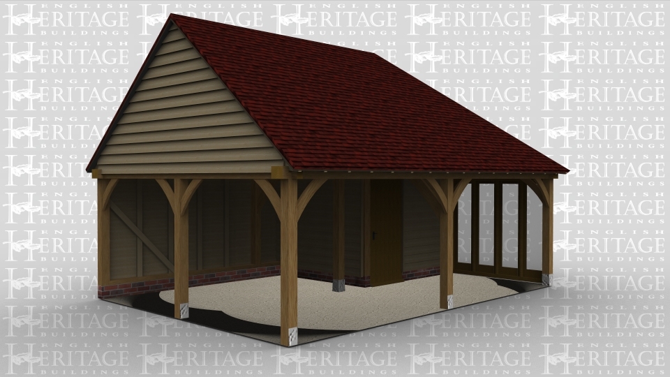 A 2 bay oak framed building open on the left and at the front with an internal partition including a door. The right wall has a 4 pane section of full height glazing to allow plenty of natural light into the building.