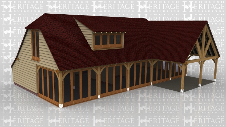 A 6 bay oak framed building made up of 2 frames. The first frame is 5 bays with upper floor. On the ground floor there is a 4 pane section of full height glazing on both the left and the right while at the front the entire wall is made up of full height glazing to allow masses of natural light into the building, the rear of the building has an internal aisle. The first floor has a julliet window on the left while at the front there is an eyebrow window made up of 4 panes. The second frame is a single bay in size and is open on all sides with a gable ended roof.