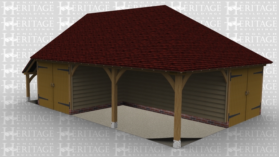 A 3 bay oak framed garage with a pair of iroko garage doors at the front of the left hand bay while the other 2 bays are set back with a pair of iroko garage doors on the right. There is also an external aisle on the right.