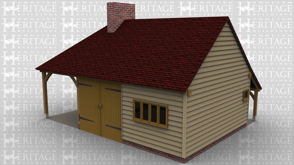 A 3 bay oak framed leisure building with the left hand bay open at the front and left side, the centre bay has a pair of iroko garage doors and the front and the final bay has a mullion window. The right side of the building has a small square window, this frame has an external aisle at the rear and a chimney breast in the centre bay.