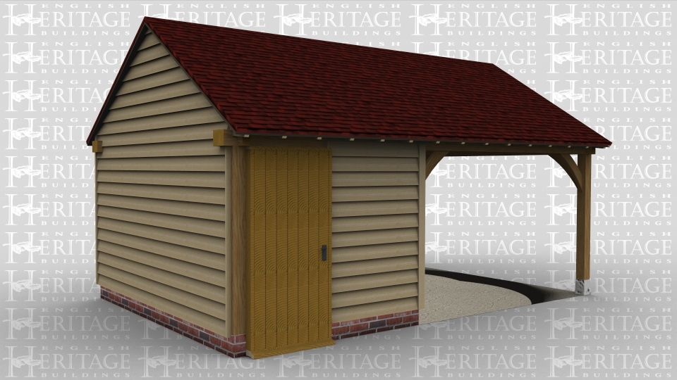 A 2 bay oak framed leisure building with a solid single door at the front of the left hand bay as well as another solid single door on the internal partition on the right of the bay. there is a mullion window at the rear and the other bay is open on all sides.