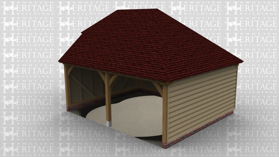 A 2 bay oak framed garage open at the front with a barn hip roof on the left and a full hip roof on the right.