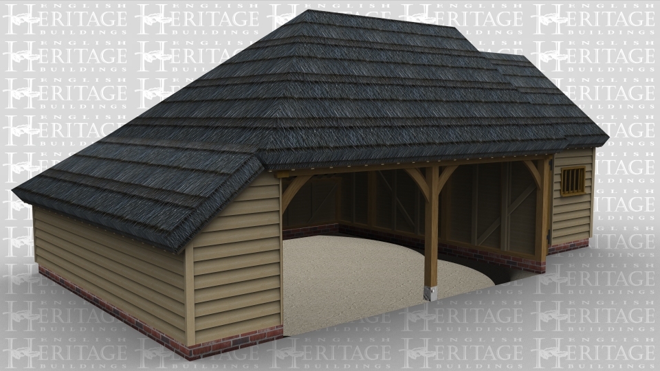 A 3 bay oak framed garage made up of 2 frames. The first frame is 2 bays in size with both bays open at the front and an internal aisle on the left and rear. The second frame is a single bay in size with an internal aisle at the rear with a solid single door and a mullion window at the front.